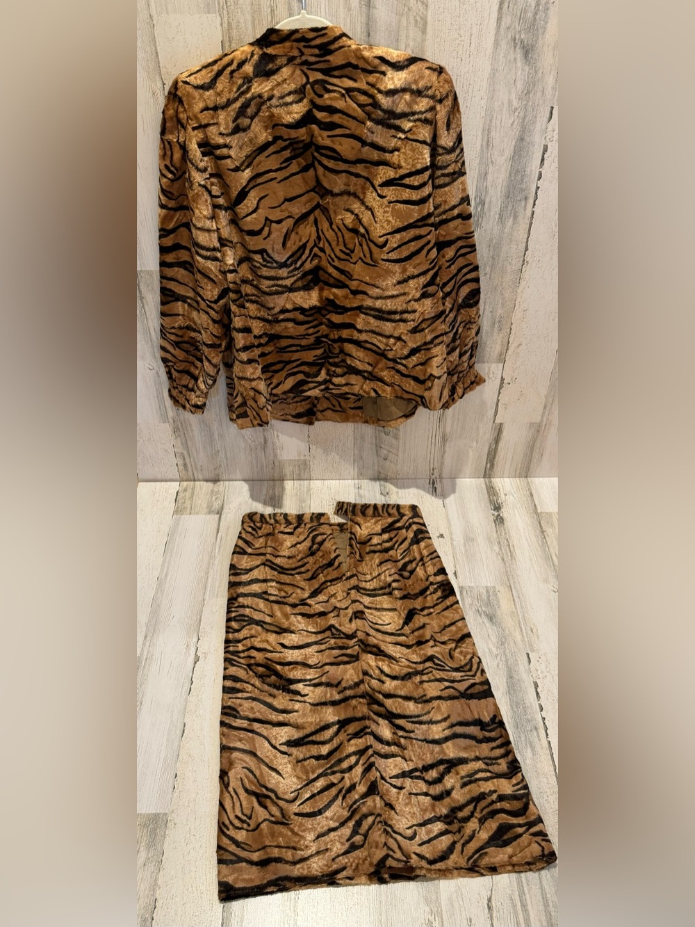2 pc Vintage Tiger Print Velvet Fur Jacket Skirt Lined Button Zip Suit Japan